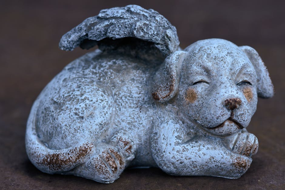 Close-up of a stone dog angel sculpture with wings, conveying a serene and peaceful atmosphere.