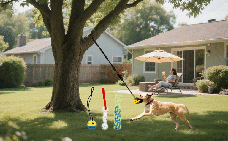 Dog Tether Tug of War Toy 4 Pieces Set, Bungee Spring Pole for Outdoor/Indoor, Tree/Door Hanging Interactive Rope Toy for Fun Solo Play/Training/Exercise, Keep Small Middle Large Puppy Busy