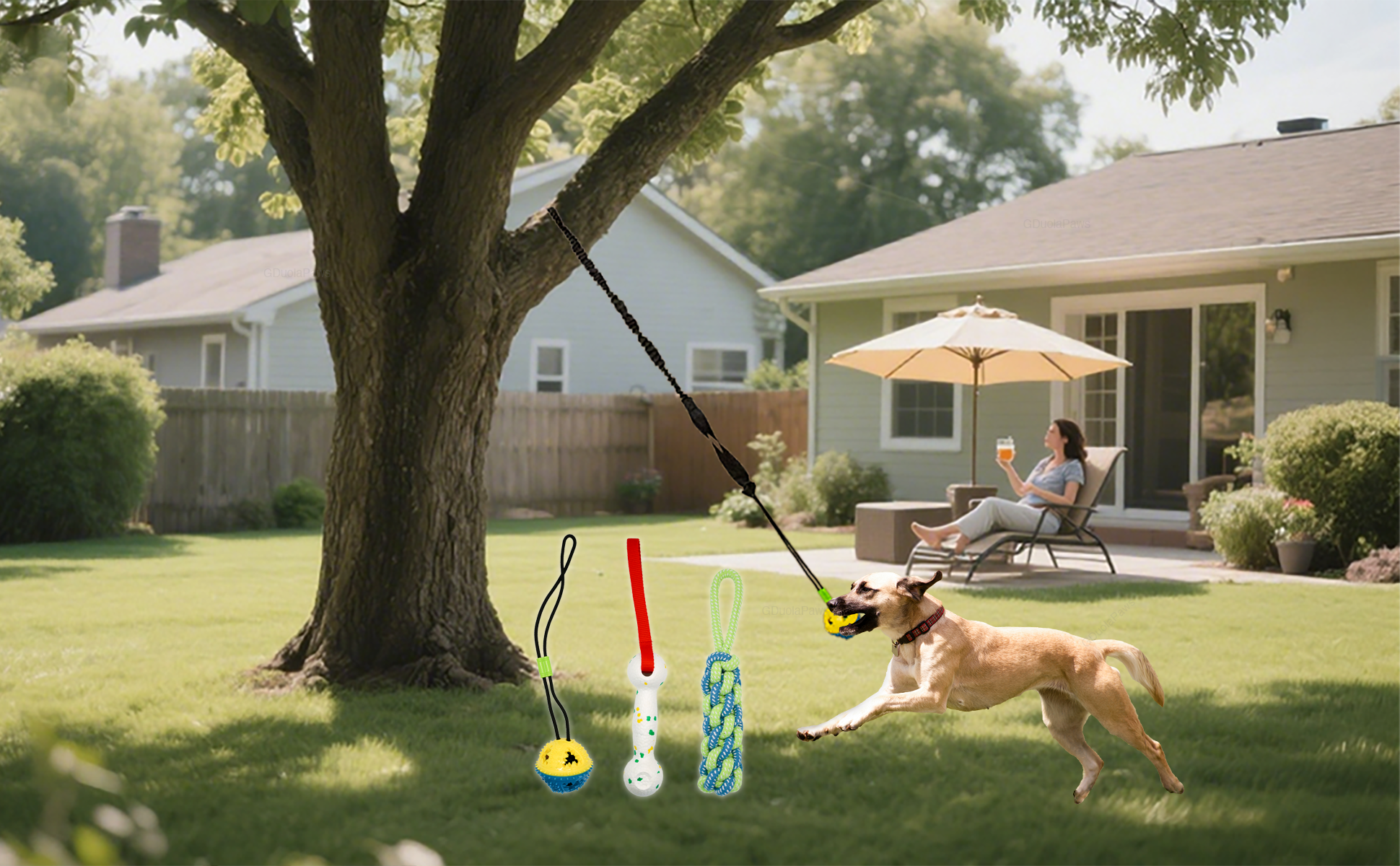 Dog Tether Tug of War Toy 4 Pieces Set, Bungee Spring Pole for Outdoor/Indoor, Tree/Door Hanging Interactive Rope Toy for Fun Solo Play/Training/Exercise, Keep Small Middle Large Puppy Busy